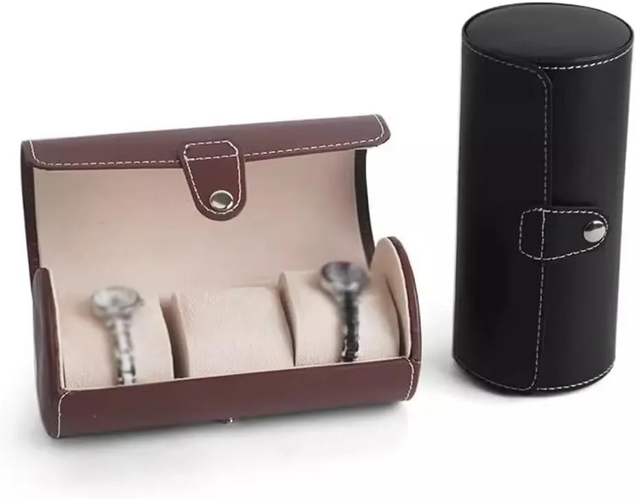Cylinder Jewelry Storage Box with Velvet Lining, Durable Black/Brown Watch relic Display Box, 9x19.5cm Leather Watch Box for Men, Travel Watch Case, 