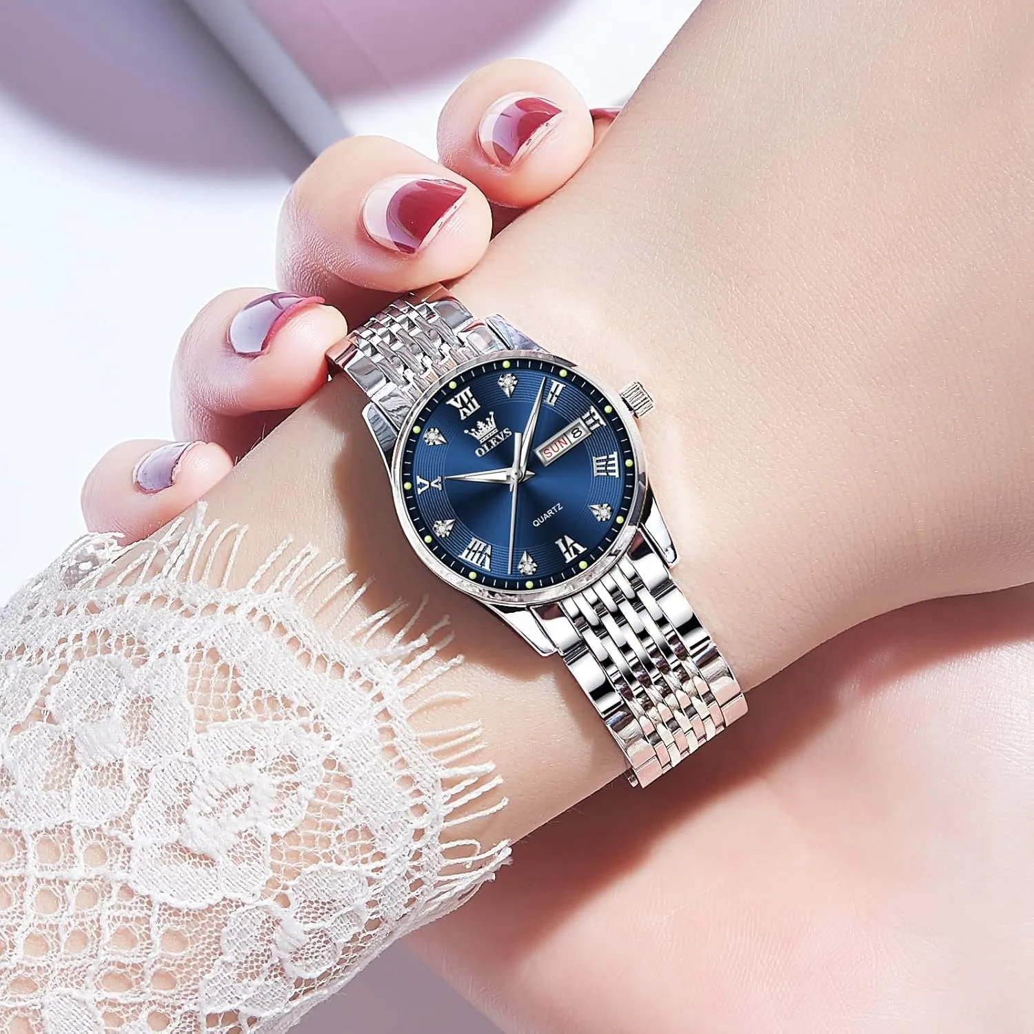 Date and Day,Ladies Watches with Silver Gold Stainless Steel,Elegent Female for Small Wrist Watch(White/Black/Blue/Gold delirium shed patch party recharge identity Face) OLEVS Women Watches 