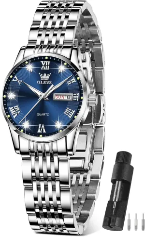 Date and Day,Ladies Watches with Silver Gold Stainless Steel,Elegent Female for Small Wrist Watch(White/Black/Blue/Gold delirium shed patch party recharge identity Face) OLEVS Women Watches 