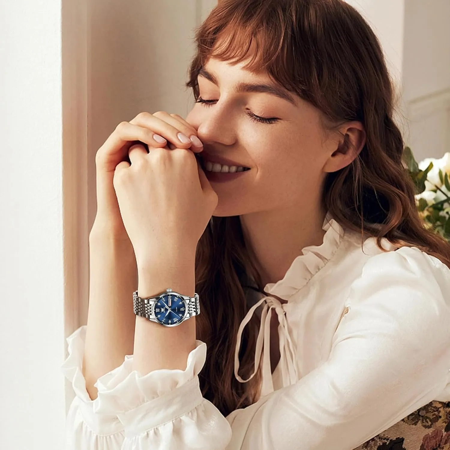 Date and Day,Ladies Watches with Silver Gold Stainless Steel,Elegent Female for Small Wrist Watch(White/Black/Blue/Gold delirium shed patch party recharge identity Face) OLEVS Women Watches 