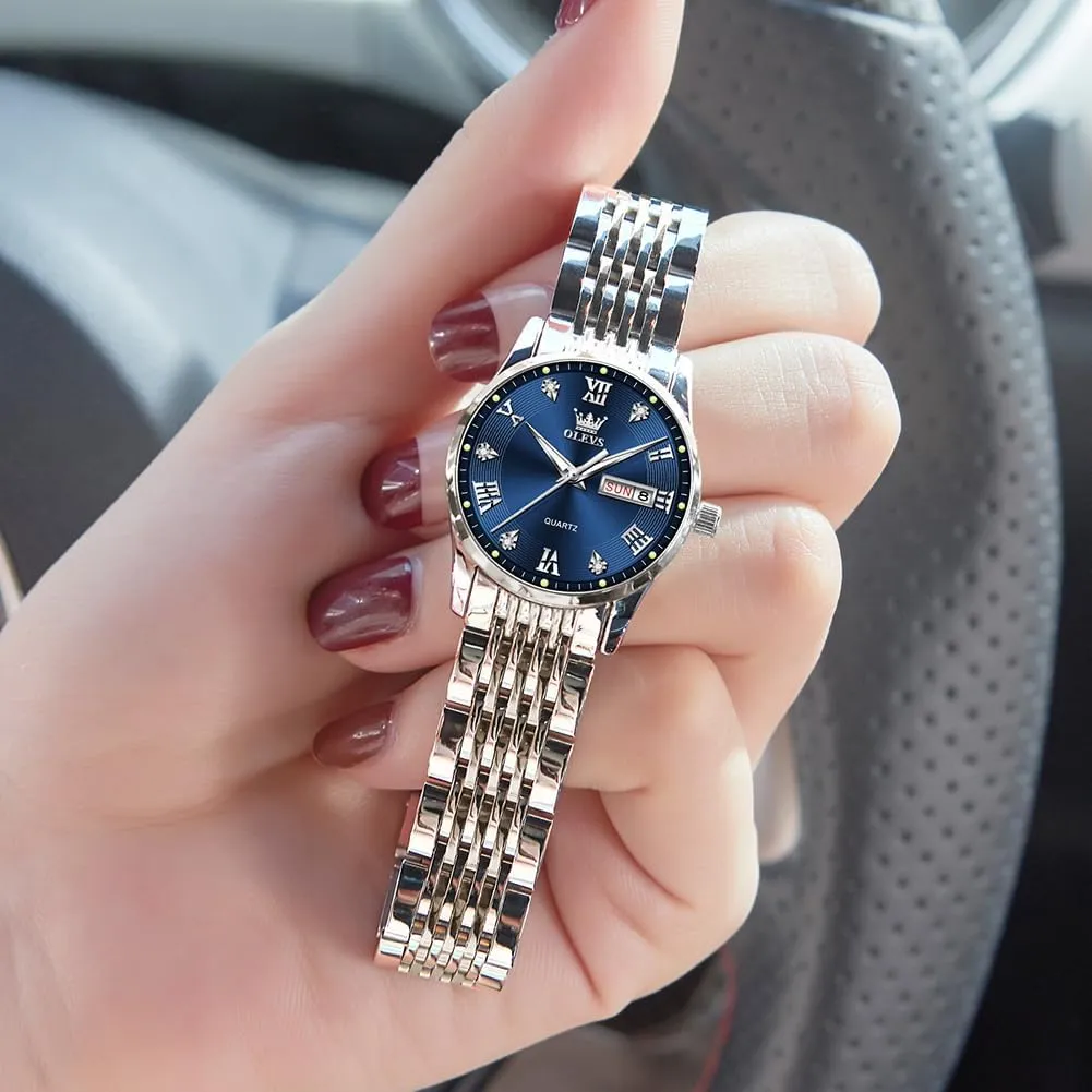 Date and Day,Ladies Watches with Silver Gold Stainless Steel,Elegent Female for Small Wrist Watch(White/Black/Blue/Gold delirium shed patch party recharge identity Face) OLEVS Women Watches 