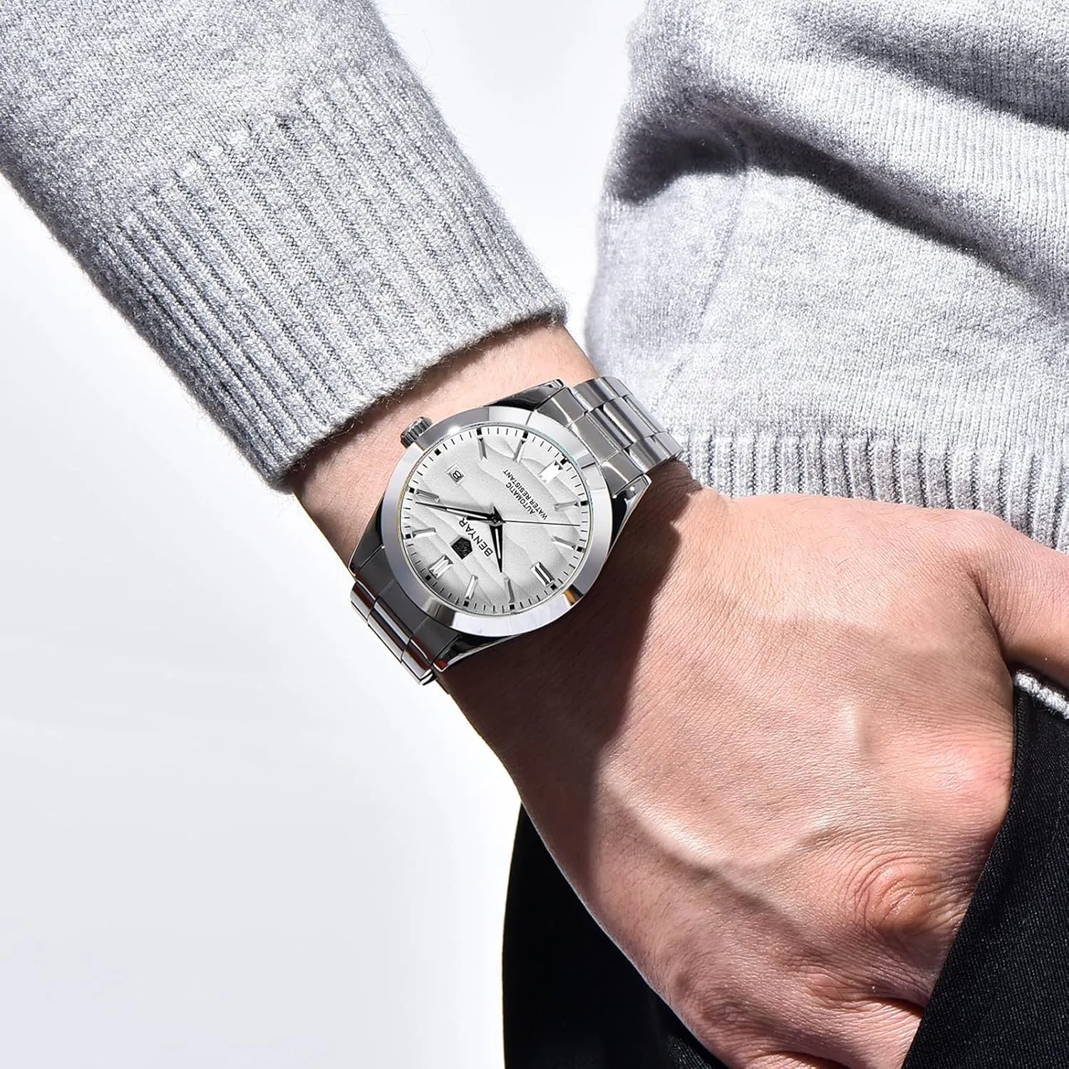 Date Display Simple Easy to Read Casual Business Men's Stainless Steel Watch BENYAR irony rescue Mechanical Men's Watch Automatic Movement 50M Waterproof Luminous 