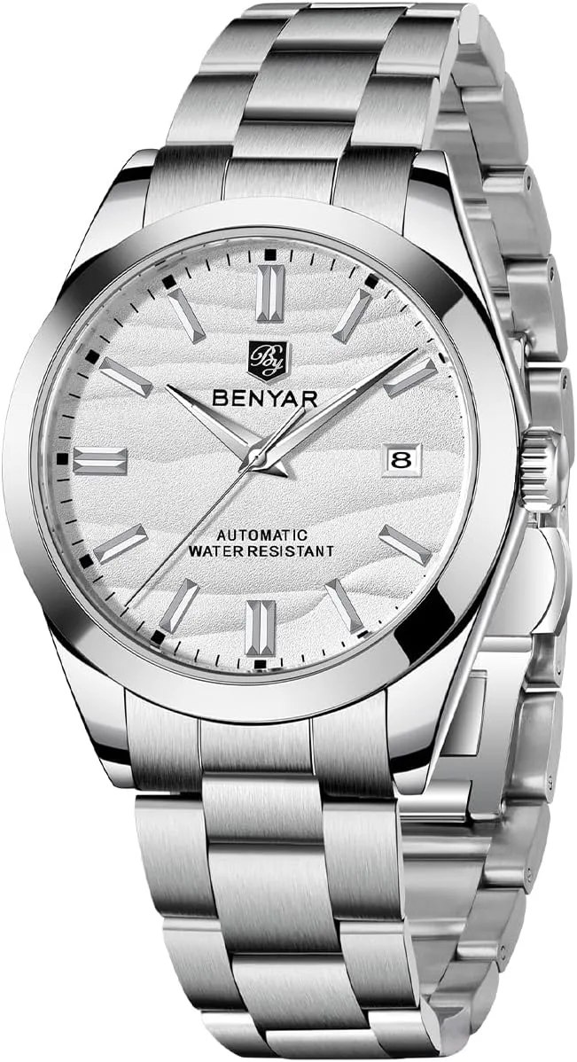 Date Display Simple Easy to Read Casual Business Men's Stainless Steel Watch BENYAR irony rescue Mechanical Men's Watch Automatic Movement 50M Waterproof Luminous 