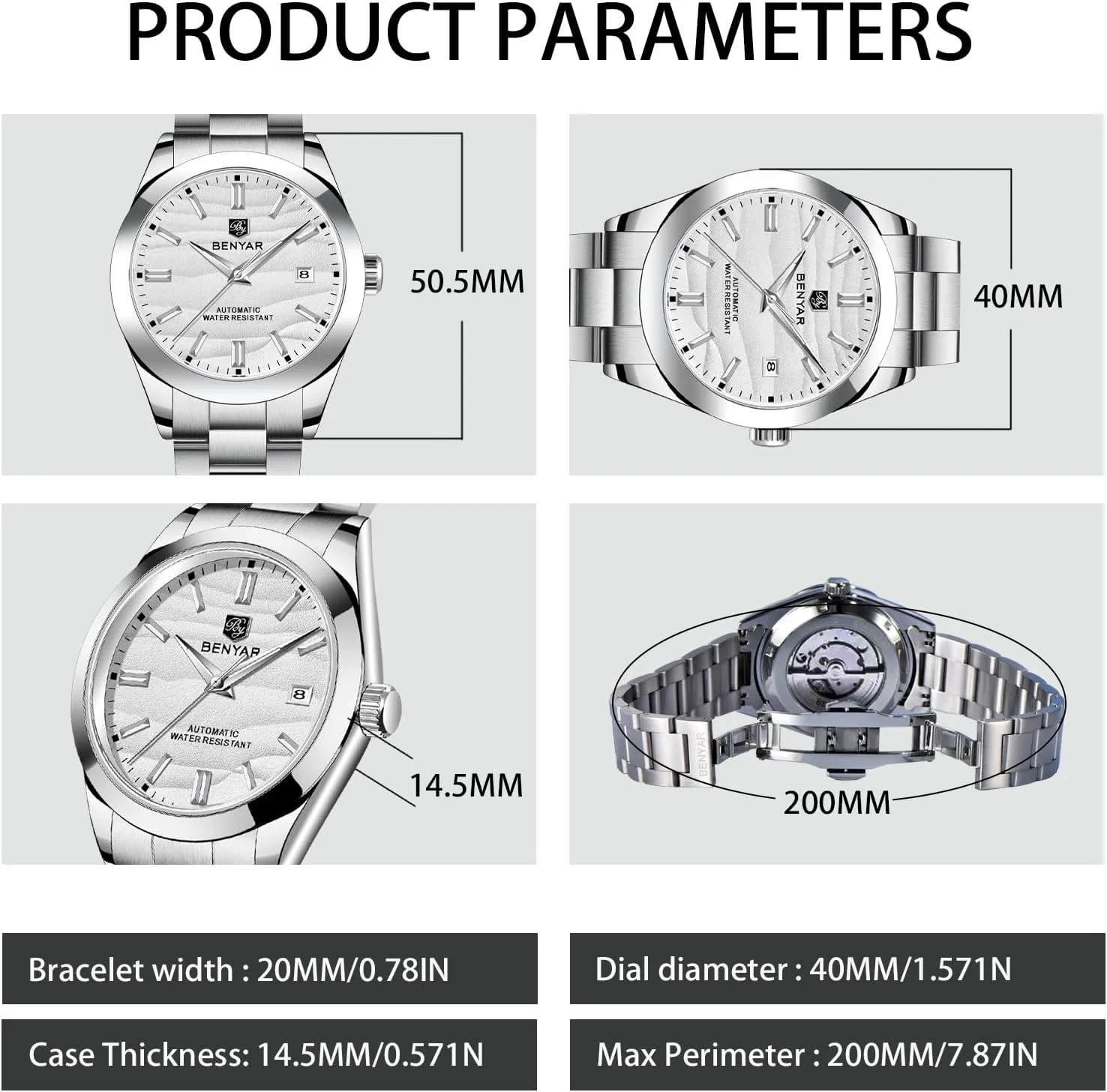 Date Display Simple Easy to Read Casual Business Men's Stainless Steel Watch BENYAR irony rescue Mechanical Men's Watch Automatic Movement 50M Waterproof Luminous 
