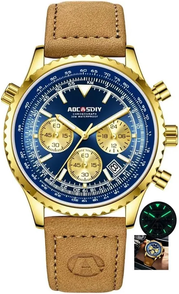 Date Function Chronograph Dial Wristwatch Khaki dispel ear clan Leather Quartz Watch Gift Fashion Mens Watches Waterproof Calendar 
