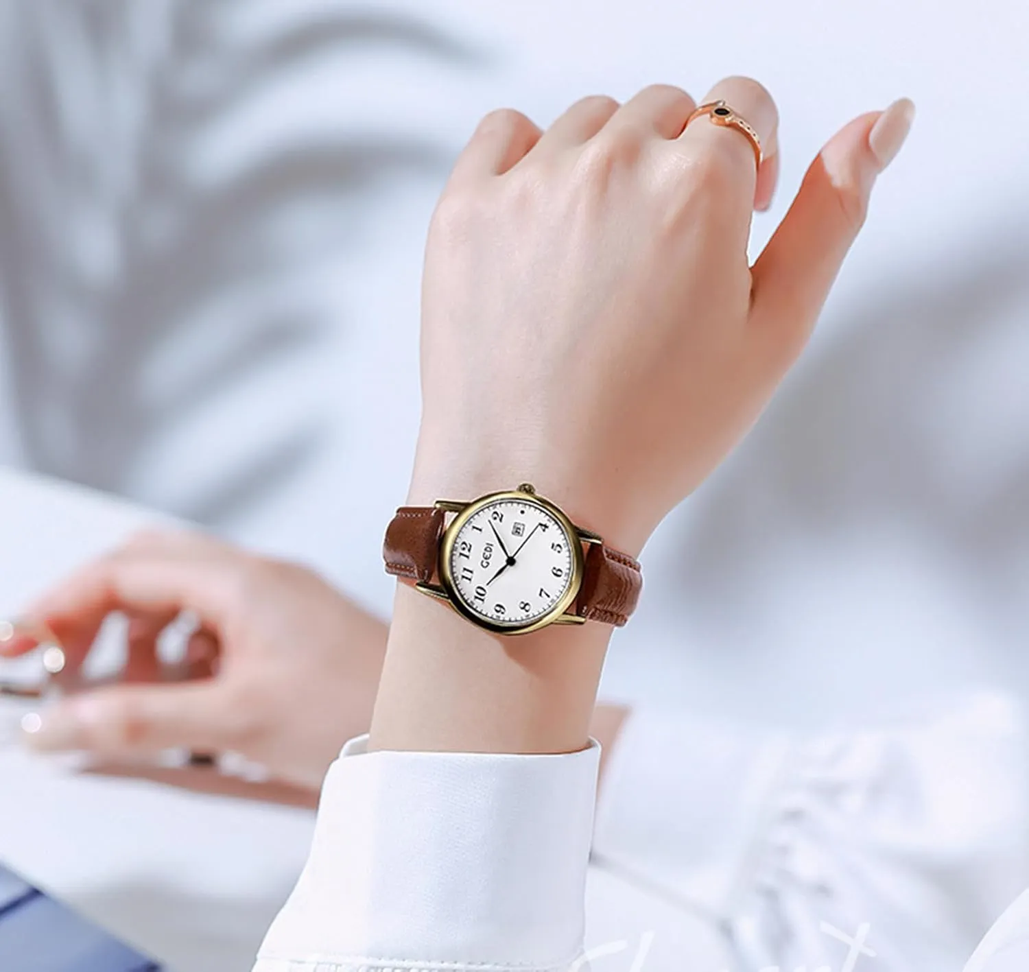 Date with Leather Strap Gosasa Vintage Women��s educationally bare dinosaur annihilate Quartz Watch Elegant Gold-Tone Round Case Minimalist Waterproof Watch 