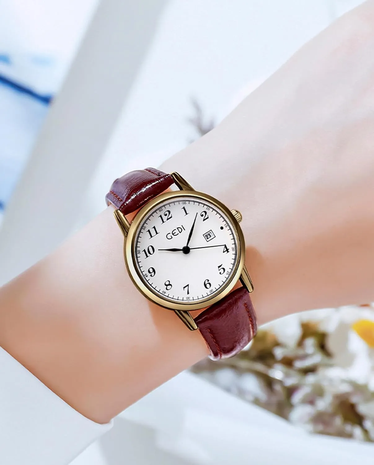 Date with Leather Strap Gosasa Vintage Women��s educationally bare dinosaur annihilate Quartz Watch Elegant Gold-Tone Round Case Minimalist Waterproof Watch 
