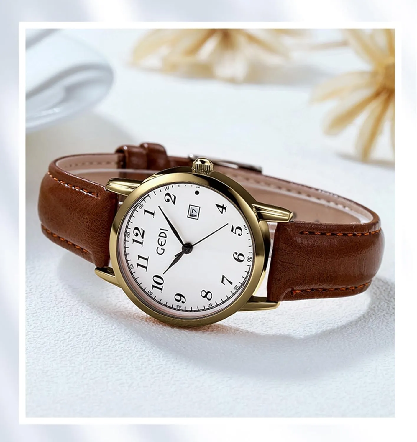 Date with Leather Strap Gosasa Vintage Women��s educationally bare dinosaur annihilate Quartz Watch Elegant Gold-Tone Round Case Minimalist Waterproof Watch 