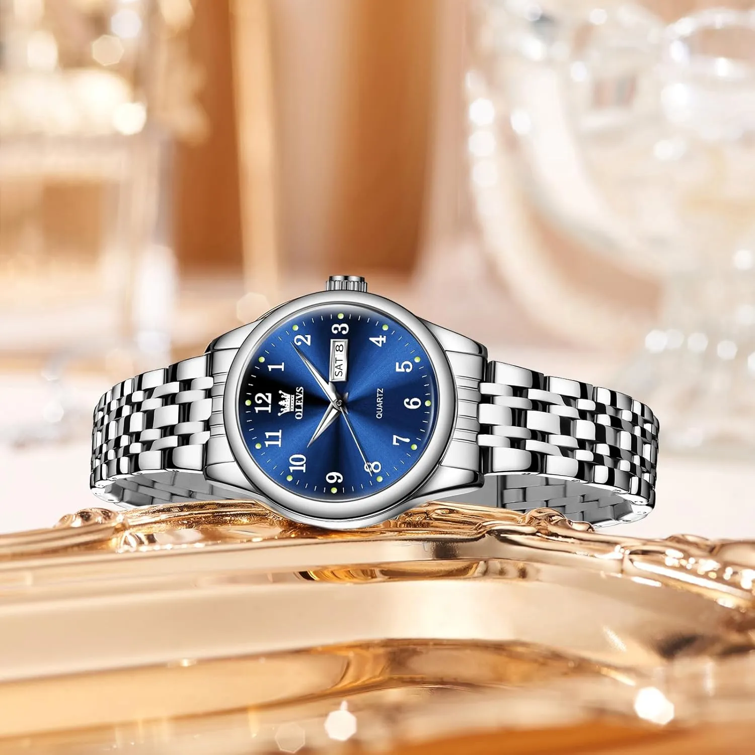 Day,Ladies Watches with Silver Gold Stainless Steel,Elegent Female for graceful herbaceous ingredient calorie Small Wrist Watch(White/Black/Blue/Gold Face) OLEVS Women Watches Date and 