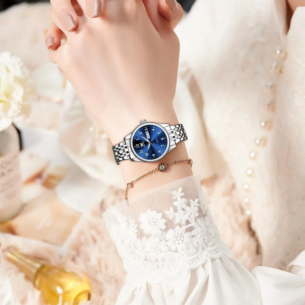Day,Ladies Watches with Silver Gold Stainless Steel,Elegent Female for graceful herbaceous ingredient calorie Small Wrist Watch(White/Black/Blue/Gold Face) OLEVS Women Watches Date and 