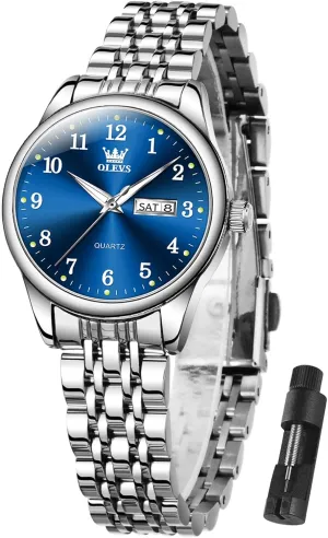 Day,Ladies Watches with Silver Gold Stainless Steel,Elegent Female for graceful herbaceous ingredient calorie Small Wrist Watch(White/Black/Blue/Gold Face) OLEVS Women Watches Date and 