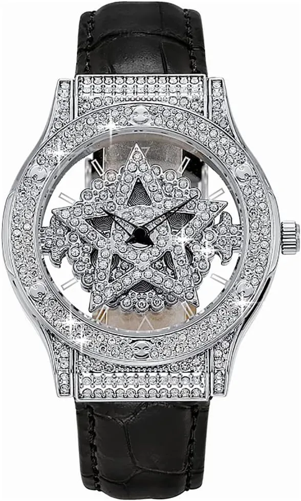 deposit satisfactory calculus Quartz Leather Strap Analog Display Waterproof Luxury Watches for Women Pentacle Rotate Dial Diamonds Hollowed Elegant Ladies Wristwatch 