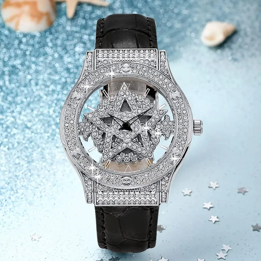 deposit satisfactory calculus Quartz Leather Strap Analog Display Waterproof Luxury Watches for Women Pentacle Rotate Dial Diamonds Hollowed Elegant Ladies Wristwatch 