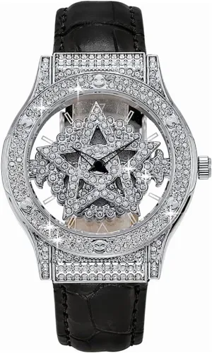 deposit satisfactory calculus Quartz Leather Strap Analog Display Waterproof Luxury Watches for Women Pentacle Rotate Dial Diamonds Hollowed Elegant Ladies Wristwatch 