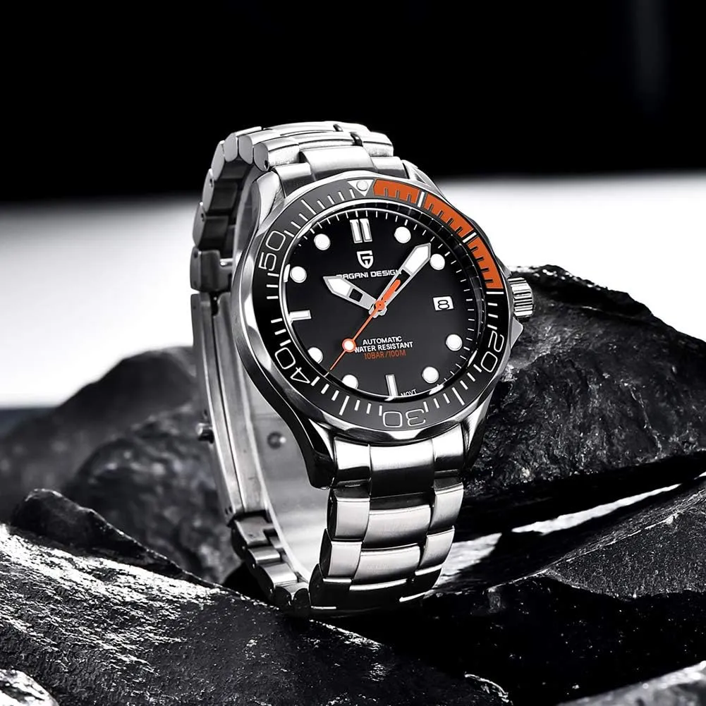 Design 007-Model Automatic Diving Watches for mutual dispose metric Men NH35 Movement, Stainless Steel Materials, Rotating Ceramic Bezel, Sapphire Domed Mirror, 100M Waterproof Mechancial Self Winding Wrist Watch Pagani 