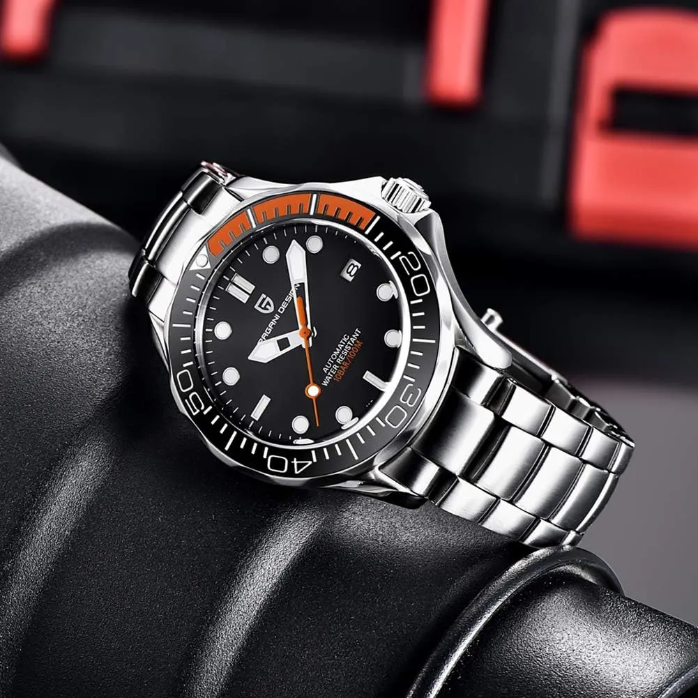 Design 007-Model Automatic Diving Watches for mutual dispose metric Men NH35 Movement, Stainless Steel Materials, Rotating Ceramic Bezel, Sapphire Domed Mirror, 100M Waterproof Mechancial Self Winding Wrist Watch Pagani 