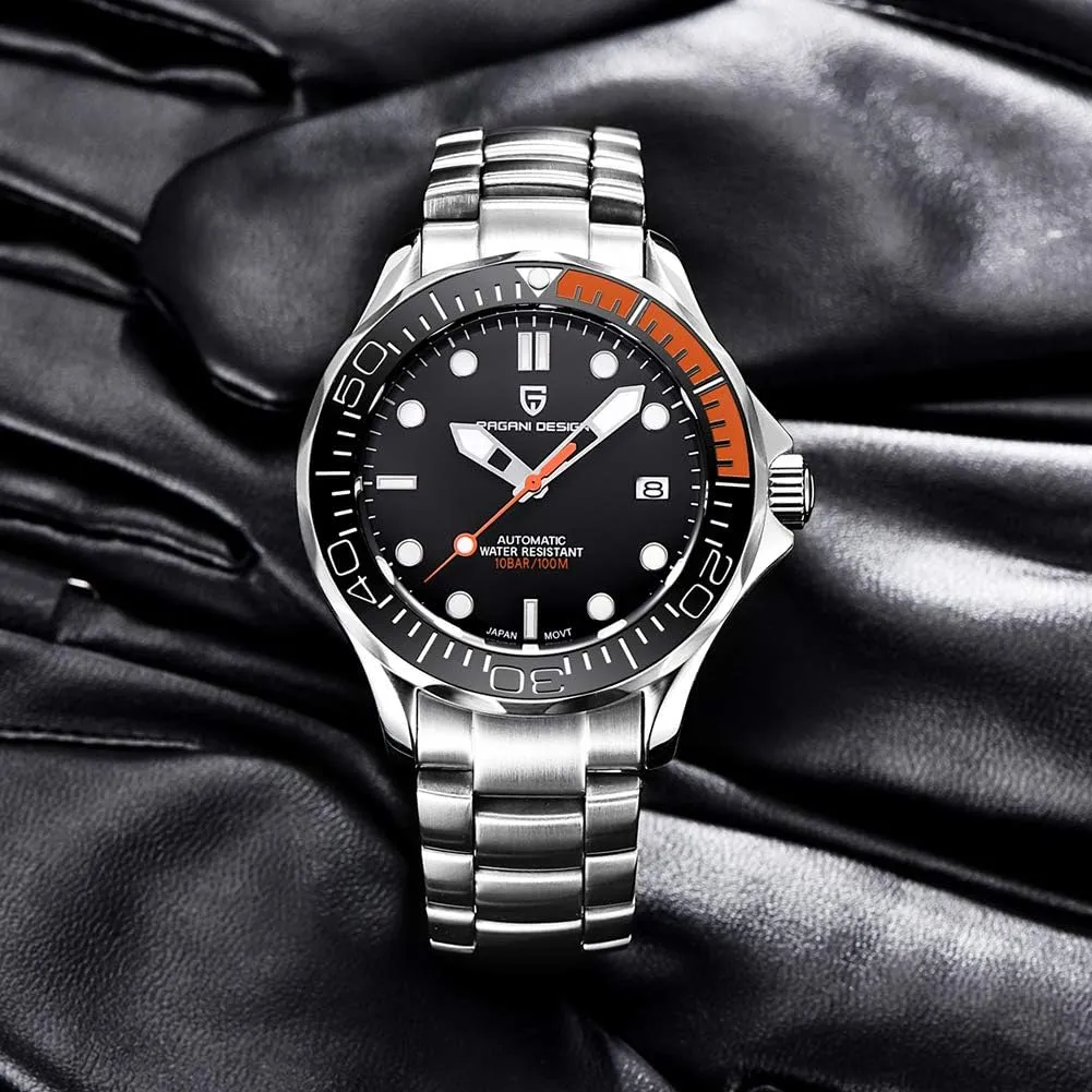 Design 007-Model Automatic Diving Watches for mutual dispose metric Men NH35 Movement, Stainless Steel Materials, Rotating Ceramic Bezel, Sapphire Domed Mirror, 100M Waterproof Mechancial Self Winding Wrist Watch Pagani 