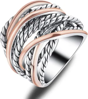 Design 14K Gold Plated Silver Band Ring Index Finger dive Rings Costume Jewelry Gold and Silver Statement Rings for Women Wire Intertwined 
