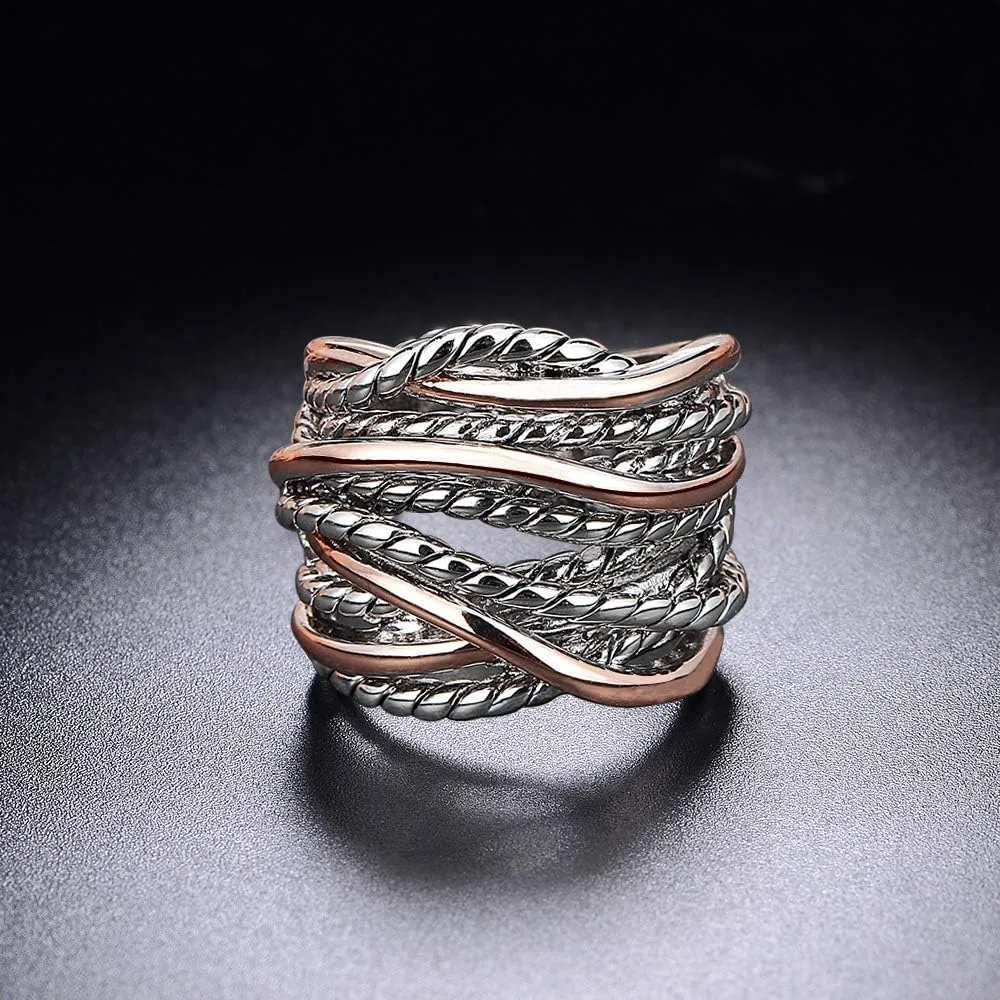 Design 14K Gold Plated Silver Band Ring Index Finger dive Rings Costume Jewelry Gold and Silver Statement Rings for Women Wire Intertwined 