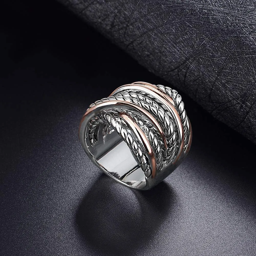 Design 14K Gold Plated Silver Band Ring Index Finger dive Rings Costume Jewelry Gold and Silver Statement Rings for Women Wire Intertwined 
