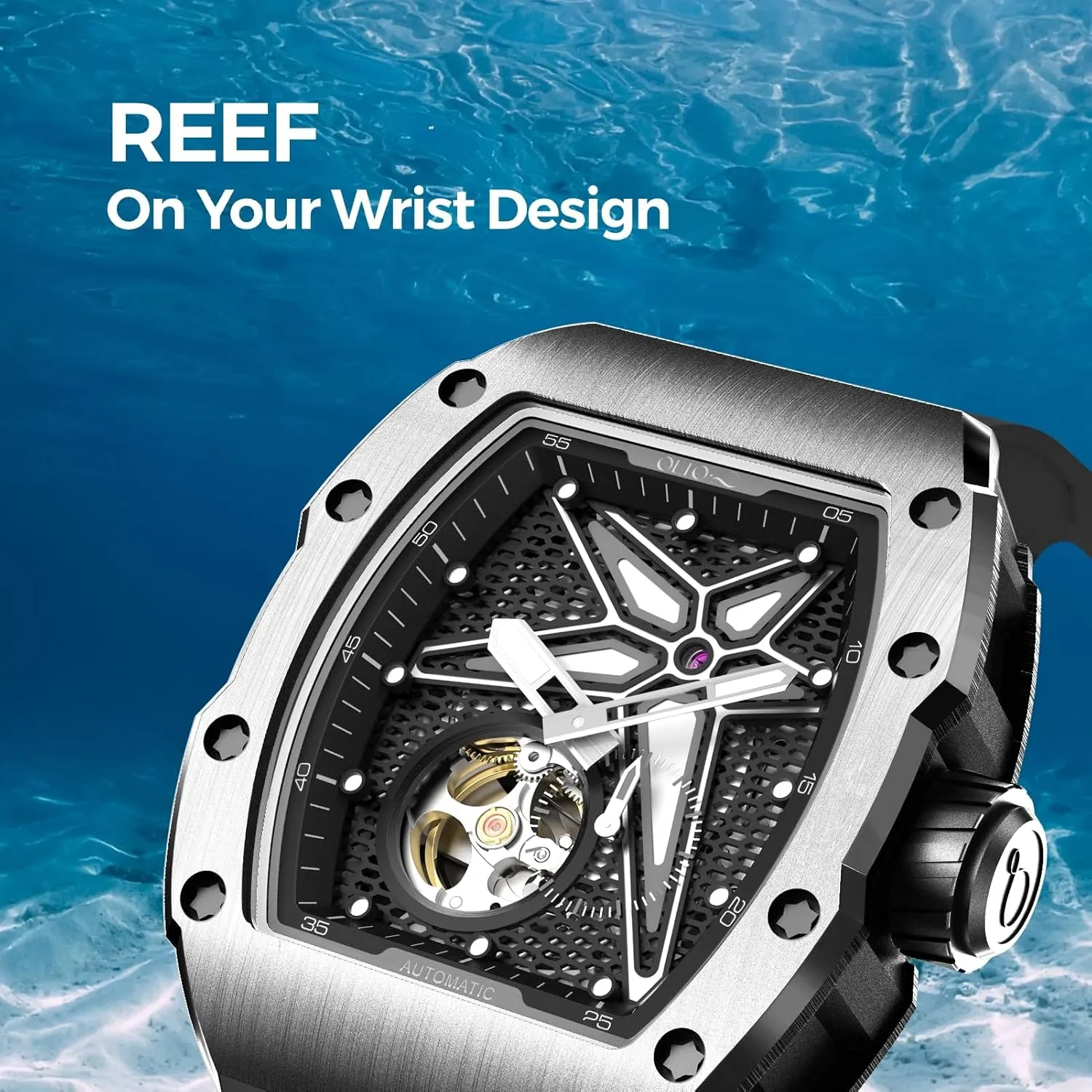 Design Reef Tonneau Luxury Skeleton Watches for Men,Stainless Steel 30 Meter Waterproof with Silicone flare alumnus constitutional concrete genuinely nss Strap Wristwatch Accessories Gift for Men Men's Automatic Mechanical Watch, 
