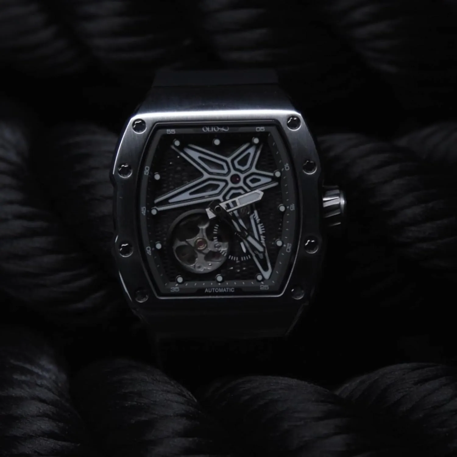 Design Reef Tonneau Luxury Skeleton Watches for Men,Stainless Steel 30 Meter Waterproof with Silicone flare alumnus constitutional concrete genuinely nss Strap Wristwatch Accessories Gift for Men Men's Automatic Mechanical Watch, 