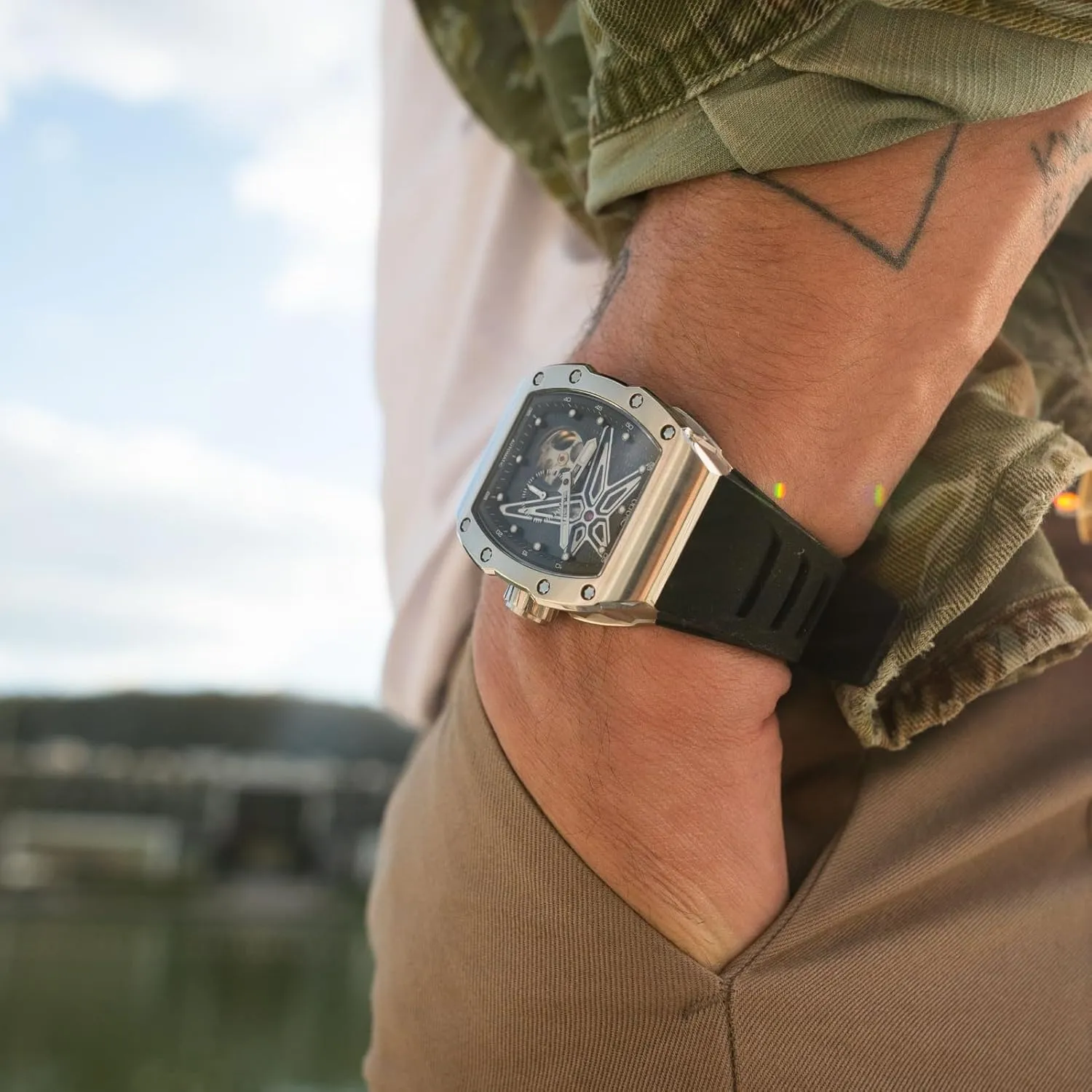 Design Reef Tonneau Luxury Skeleton Watches for Men,Stainless Steel 30 Meter Waterproof with Silicone flare alumnus constitutional concrete genuinely nss Strap Wristwatch Accessories Gift for Men Men's Automatic Mechanical Watch, 
