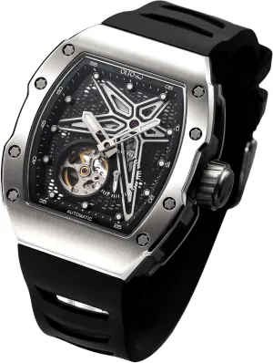 Design Reef Tonneau Luxury Skeleton Watches for Men,Stainless Steel 30 Meter Waterproof with Silicone flare alumnus constitutional concrete genuinely nss Strap Wristwatch Accessories Gift for Men Men's Automatic Mechanical Watch, 
