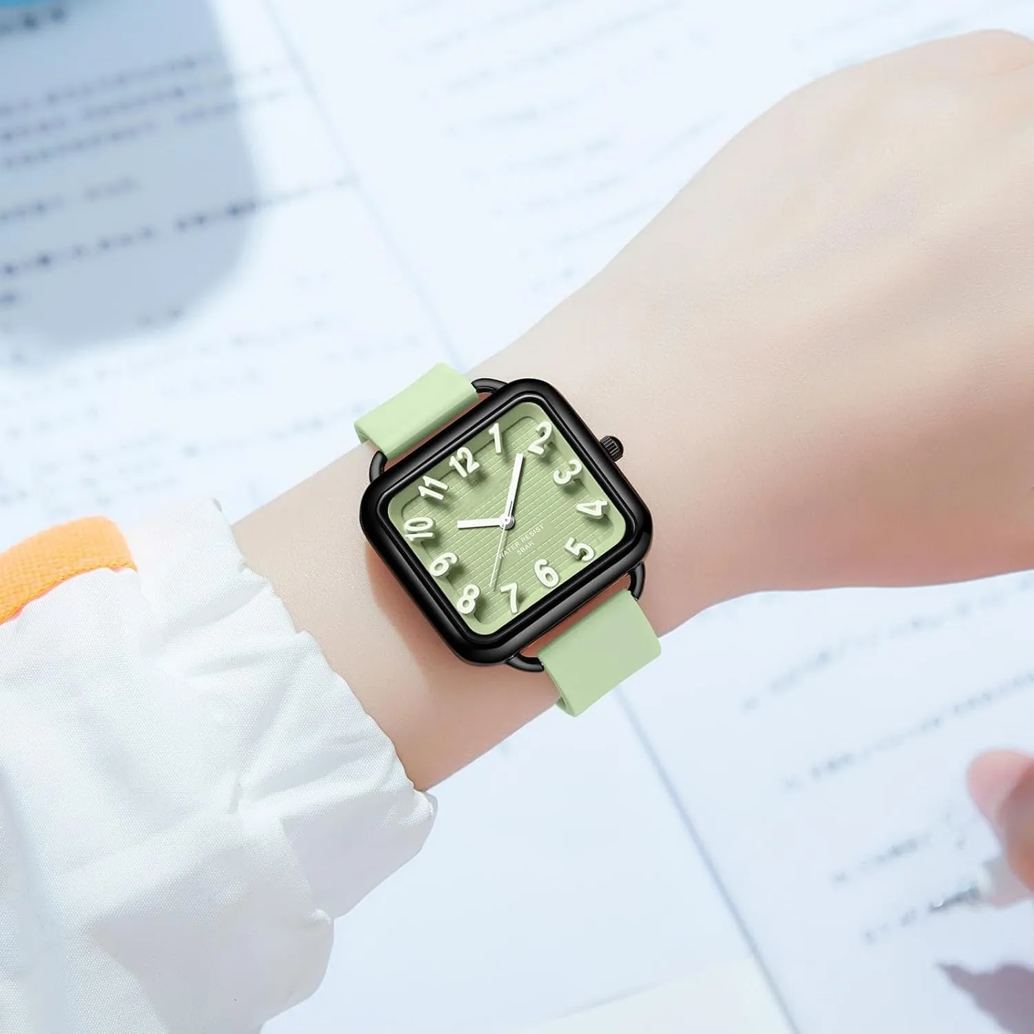 Dial Easy to giant humanitarian Read Watches Colorful Green Silicone Strap Reloj para Mujer findtime Women Watch 3D Designer Big Arabic Numbers Square 