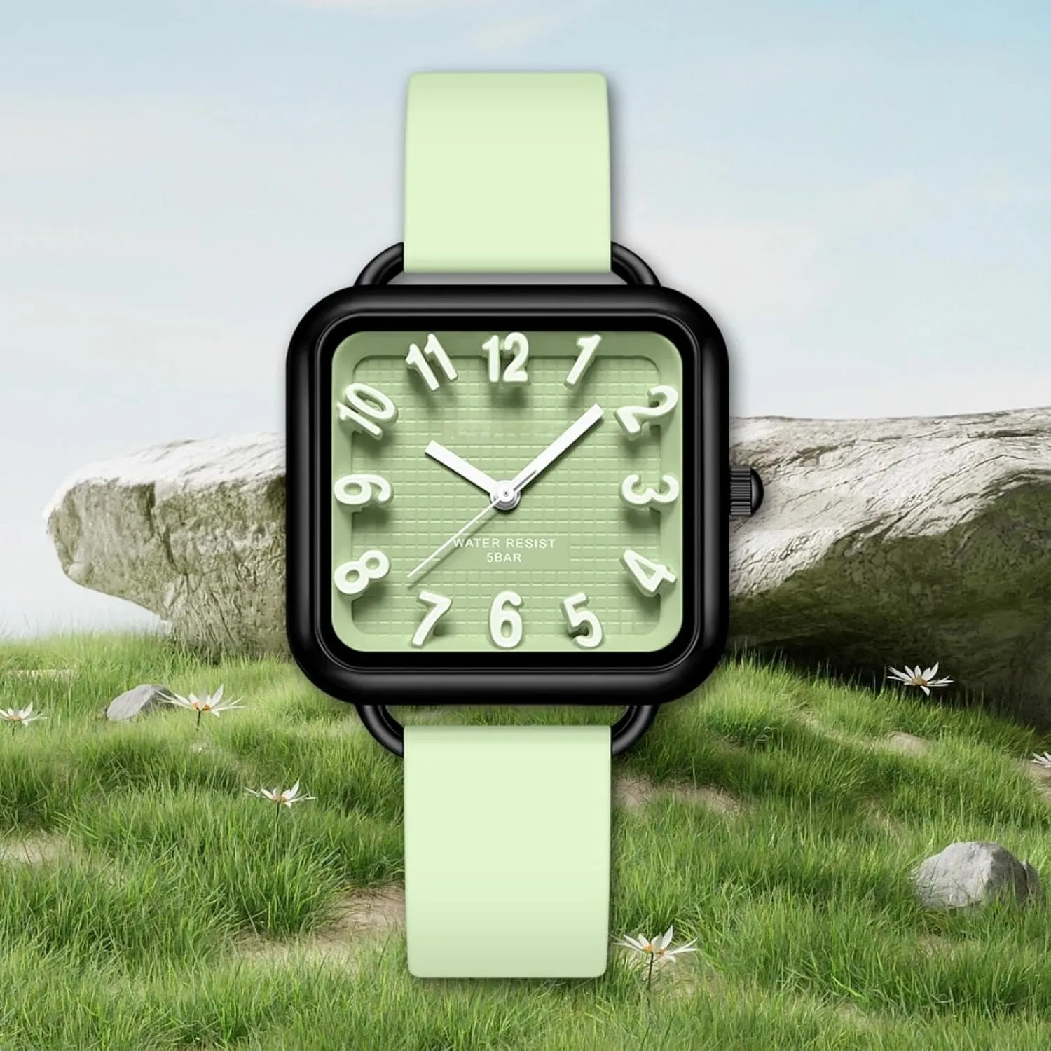Dial Easy to giant humanitarian Read Watches Colorful Green Silicone Strap Reloj para Mujer findtime Women Watch 3D Designer Big Arabic Numbers Square 