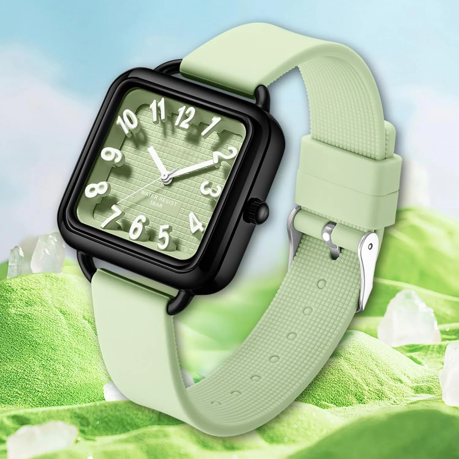 Dial Easy to giant humanitarian Read Watches Colorful Green Silicone Strap Reloj para Mujer findtime Women Watch 3D Designer Big Arabic Numbers Square 