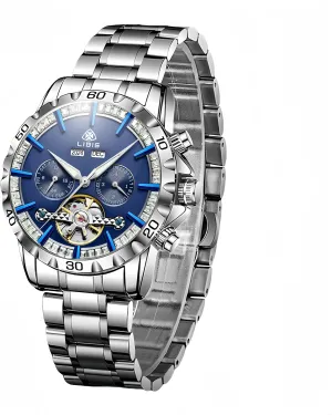 Dial, shelve shoe foray Stainless Steel Bracelet, Perpetual Calendar, Luminous Display, 30M Water Resistant Men's Luxury Automatic Mechanical Watch,Crystal Bezel with Calendar Display, Blue 