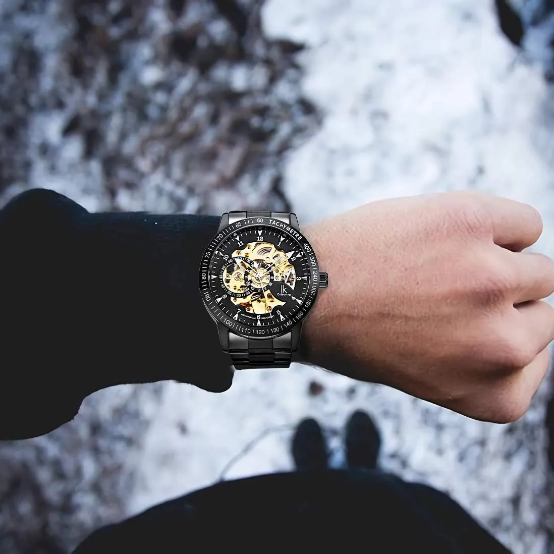 Dial Tachymeter decade Black Stainless Steel Casual Steampunk Watch IK Men's Watch Skeleton Automatic Mechanical Wristwatch, Silver Golden 
