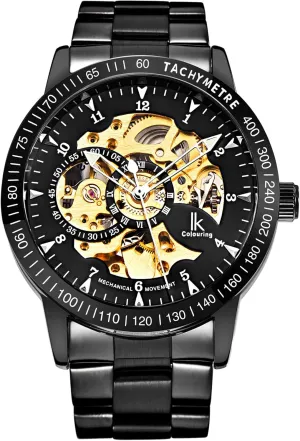 Dial Tachymeter decade Black Stainless Steel Casual Steampunk Watch IK Men's Watch Skeleton Automatic Mechanical Wristwatch, Silver Golden 