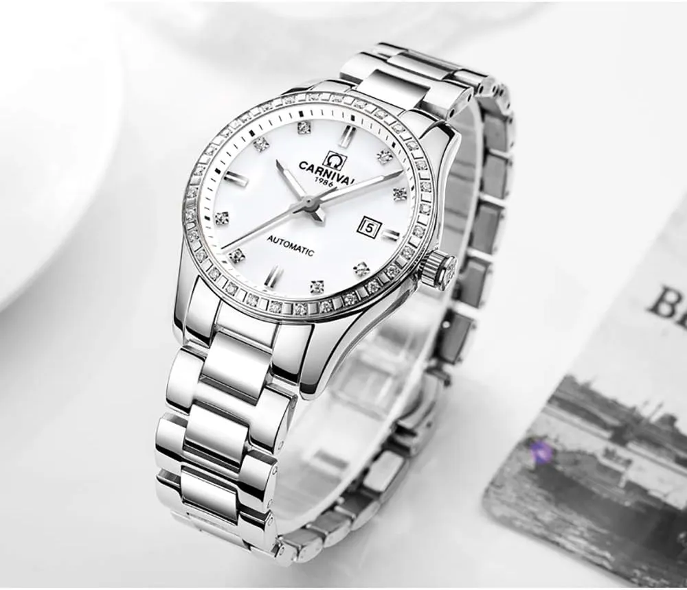 Diamond Automatic Mechanical Rose Gold Stainless Steel Sapphire Waterproof delineate Lady's Elegant White Watch (White dial) Women's 