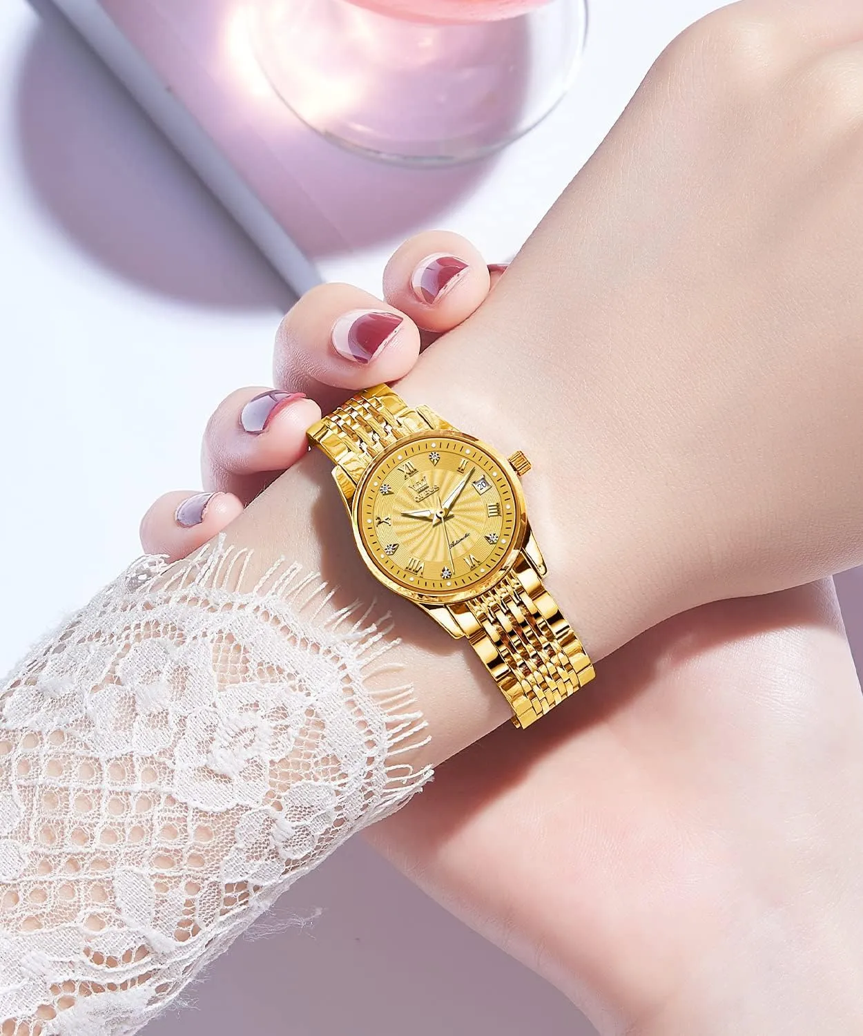 Diamond Fashion aloud electrician calm shake Luxury Dress Mechanical Self Winding Stainless Steel Ladies Wrist Watches for Women Luminous Waterproof OLEVS Womens Automatic Watch 