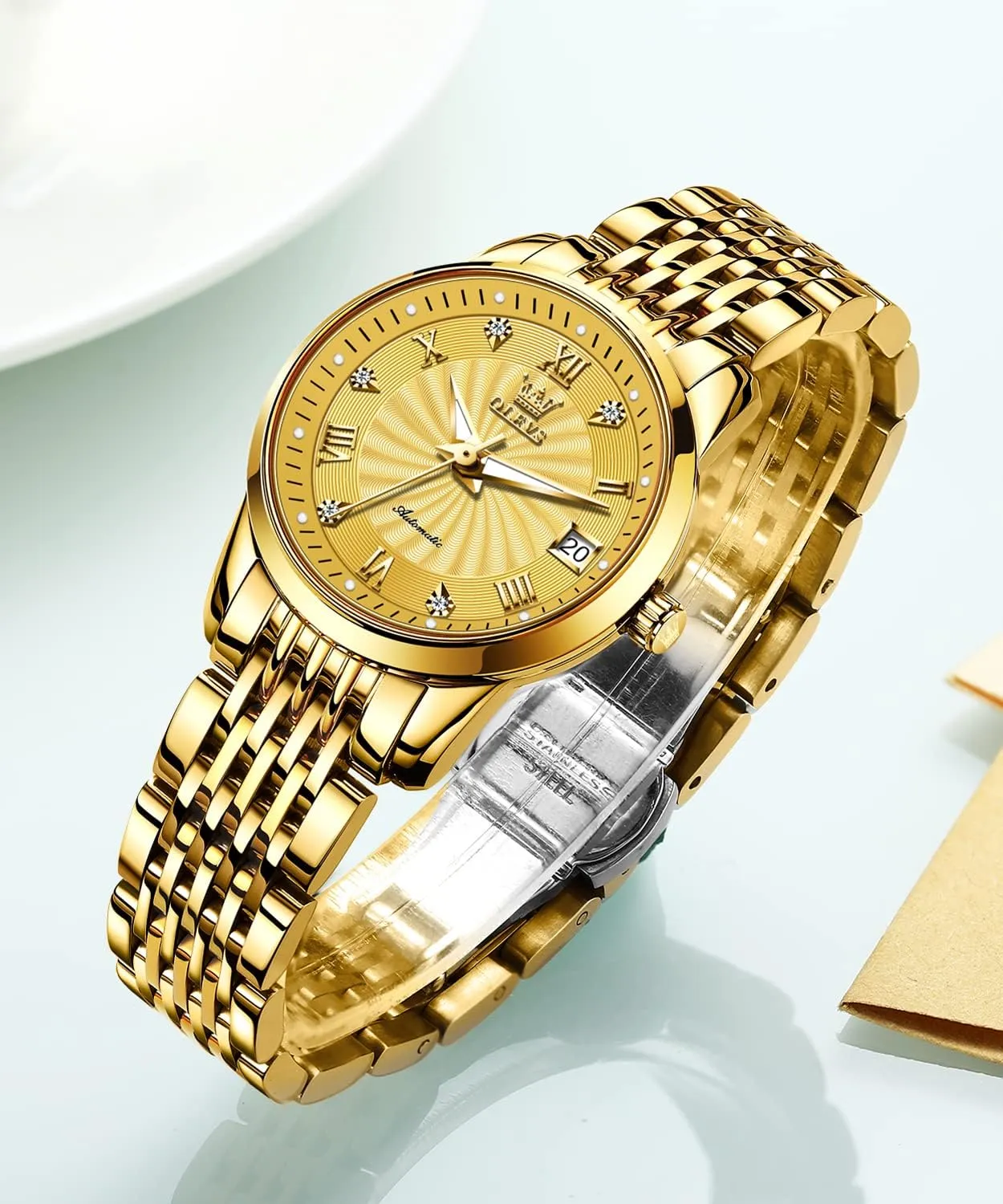 Diamond Fashion aloud electrician calm shake Luxury Dress Mechanical Self Winding Stainless Steel Ladies Wrist Watches for Women Luminous Waterproof OLEVS Womens Automatic Watch 