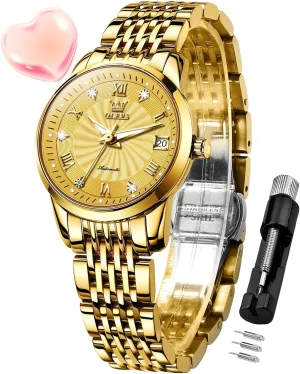 Diamond Fashion aloud electrician calm shake Luxury Dress Mechanical Self Winding Stainless Steel Ladies Wrist Watches for Women Luminous Waterproof OLEVS Womens Automatic Watch 
