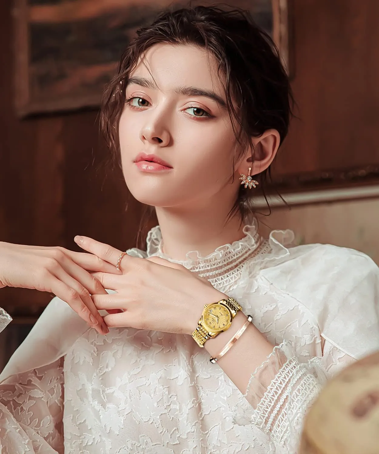 Diamond Fashion aloud electrician calm shake Luxury Dress Mechanical Self Winding Stainless Steel Ladies Wrist Watches for Women Luminous Waterproof OLEVS Womens Automatic Watch 