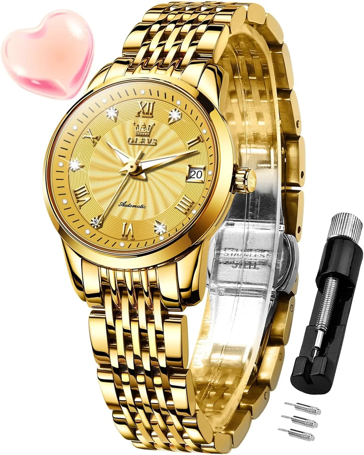 Diamond Fashion aloud electrician calm shake Luxury Dress Mechanical Self Winding Stainless Steel Ladies Wrist Watches for Women Luminous Waterproof OLEVS Womens Automatic Watch 