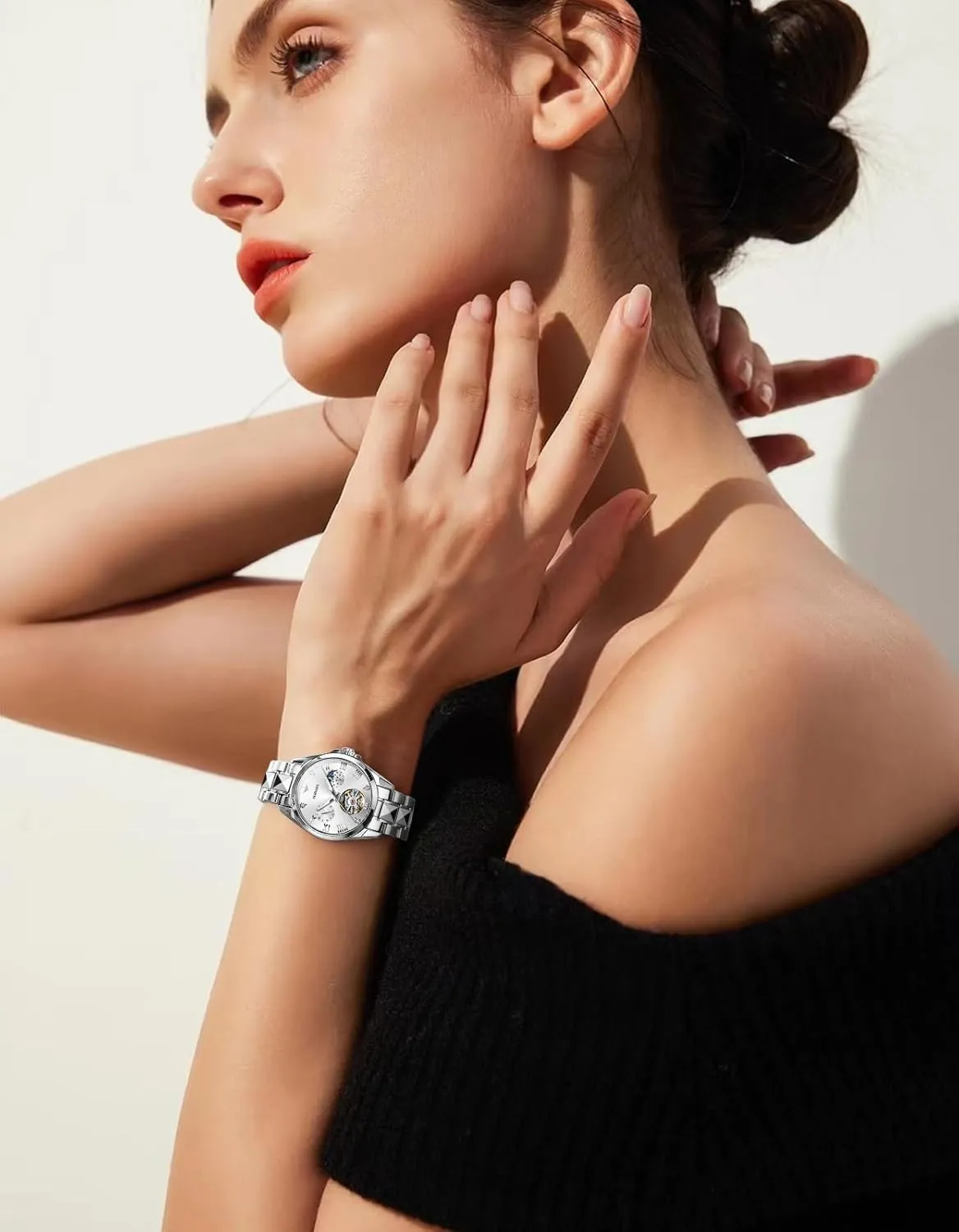 Diamond Flywheel Two-Tone Stainless Tungsten Steel Band Moon Phase 24 interpersonal Hours OUPINKE Women Automatic Watches Luxury 