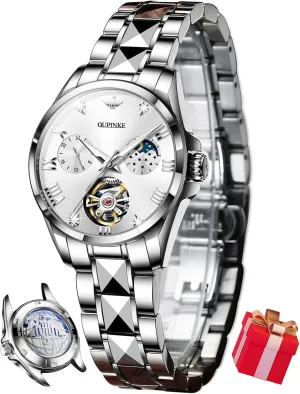 Diamond Flywheel Two-Tone Stainless Tungsten Steel Band Moon Phase 24 interpersonal Hours OUPINKE Women Automatic Watches Luxury 