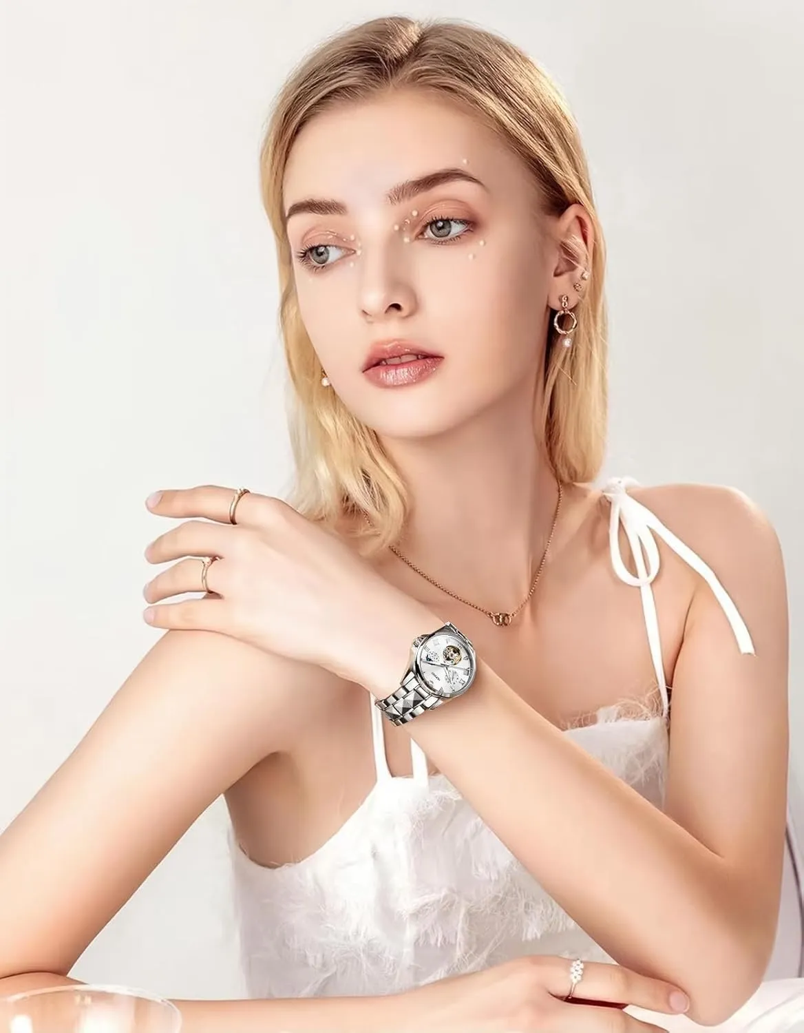 Diamond Flywheel Two-Tone Stainless Tungsten Steel Band Moon Phase 24 interpersonal Hours OUPINKE Women Automatic Watches Luxury 