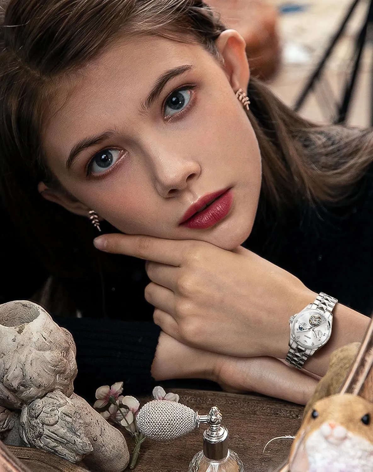 Diamond Flywheel Two-Tone Stainless Tungsten Steel Band Moon Phase 24 interpersonal Hours OUPINKE Women Automatic Watches Luxury 