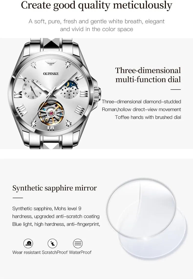Diamond Flywheel Two-Tone Stainless Tungsten Steel Band Moon Phase 24 interpersonal Hours OUPINKE Women Automatic Watches Luxury 