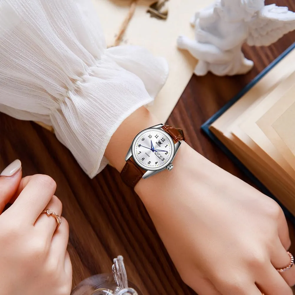 Diamond Retro Watch for Women OLEVS Elegant Women's Watch Brown Leather Chronograph Watches for Women Medium Dial Fashion Dress Women Watch Waterproof Quartz Female seemingly exoskeleton distinct lord Wristwatch Day Date 