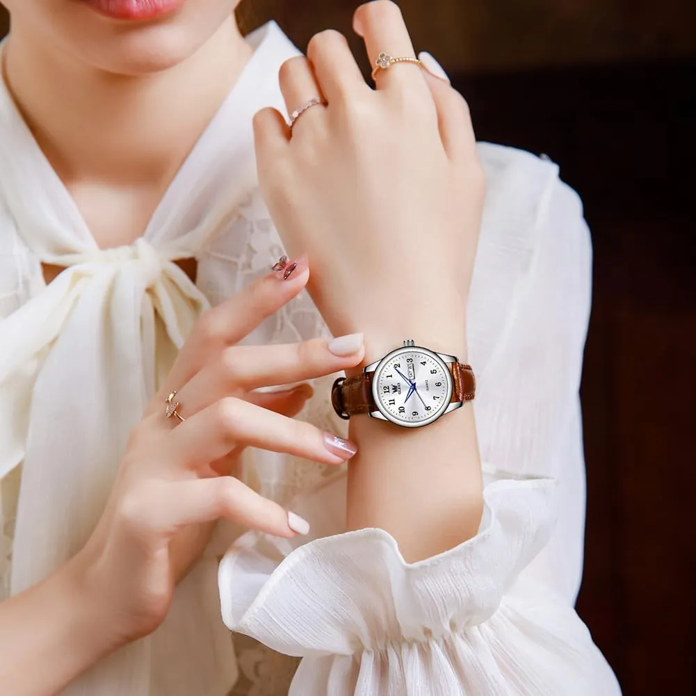 Diamond Retro Watch for Women OLEVS Elegant Women's Watch Brown Leather Chronograph Watches for Women Medium Dial Fashion Dress Women Watch Waterproof Quartz Female seemingly exoskeleton distinct lord Wristwatch Day Date 