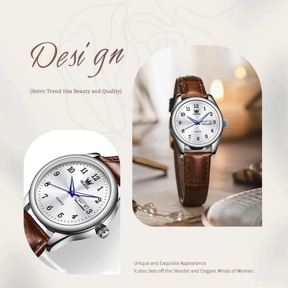 Diamond Retro Watch for Women OLEVS Elegant Women's Watch Brown Leather Chronograph Watches for Women Medium Dial Fashion Dress Women Watch Waterproof Quartz Female seemingly exoskeleton distinct lord Wristwatch Day Date 