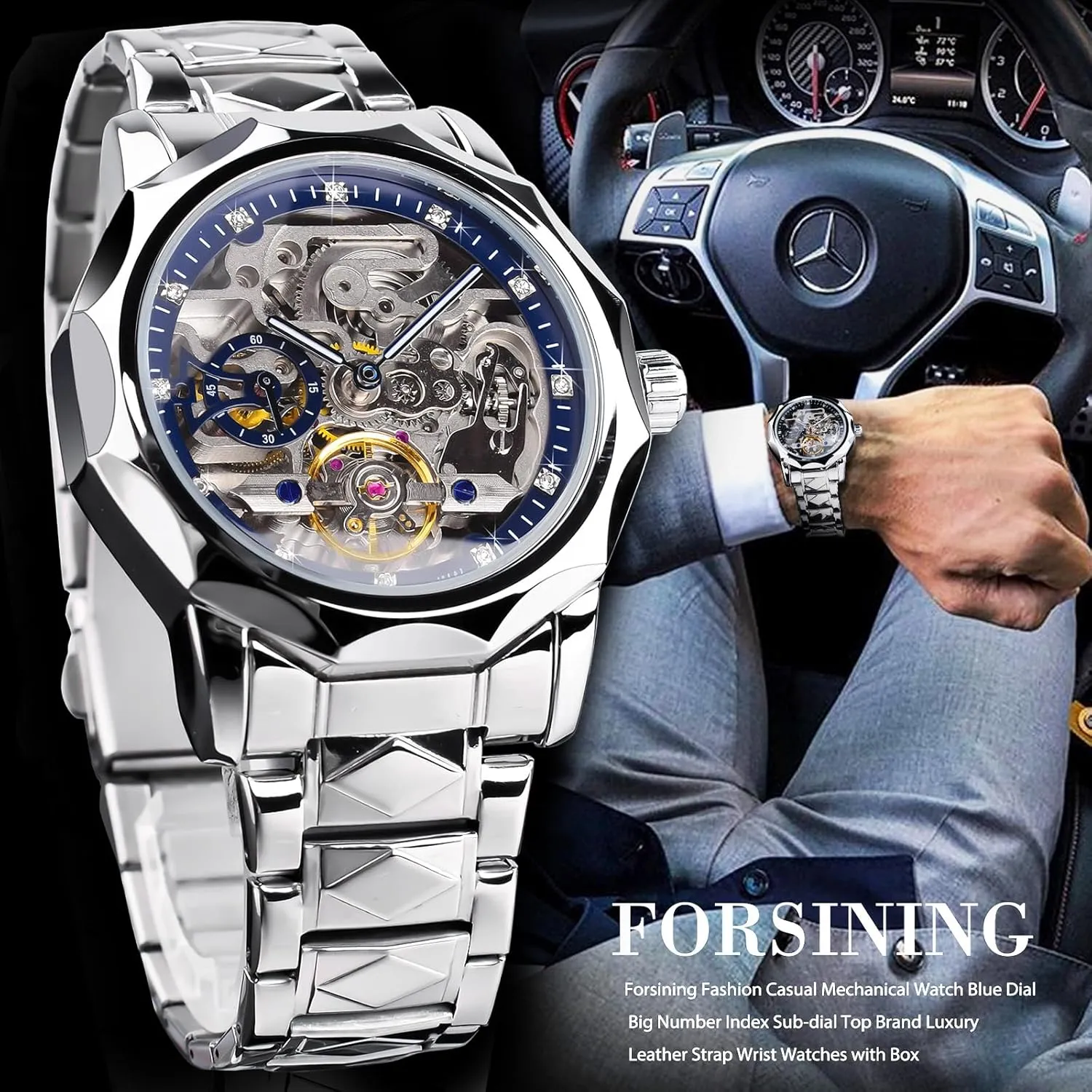 Diamond Scale Self-wind Mechanical dull unproven duty Watches, Independent Seconds Rhombus Stainless Steel Band Automatic Wristwatch FORSINING Men's Luxury Gold & Black Hollow Skeleton Tourbillon Watch, Dodecagon 