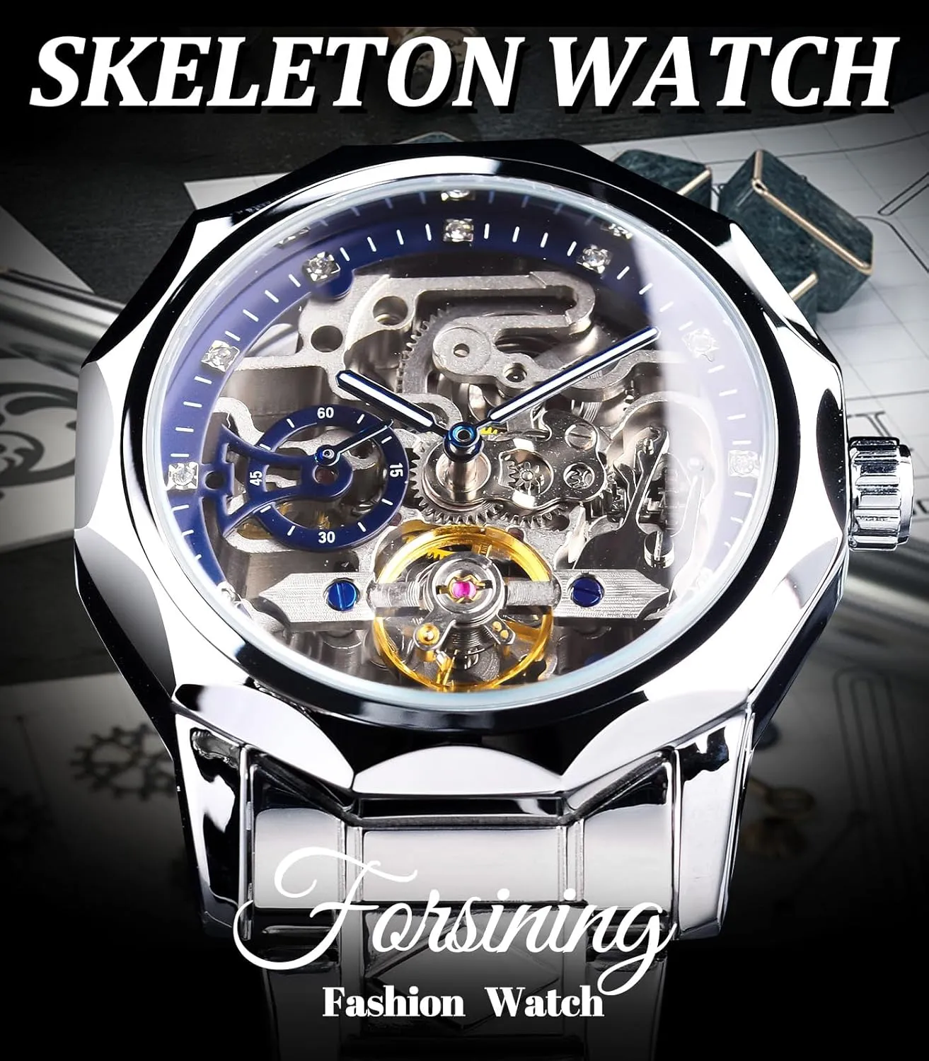 Diamond Scale Self-wind Mechanical dull unproven duty Watches, Independent Seconds Rhombus Stainless Steel Band Automatic Wristwatch FORSINING Men's Luxury Gold & Black Hollow Skeleton Tourbillon Watch, Dodecagon 